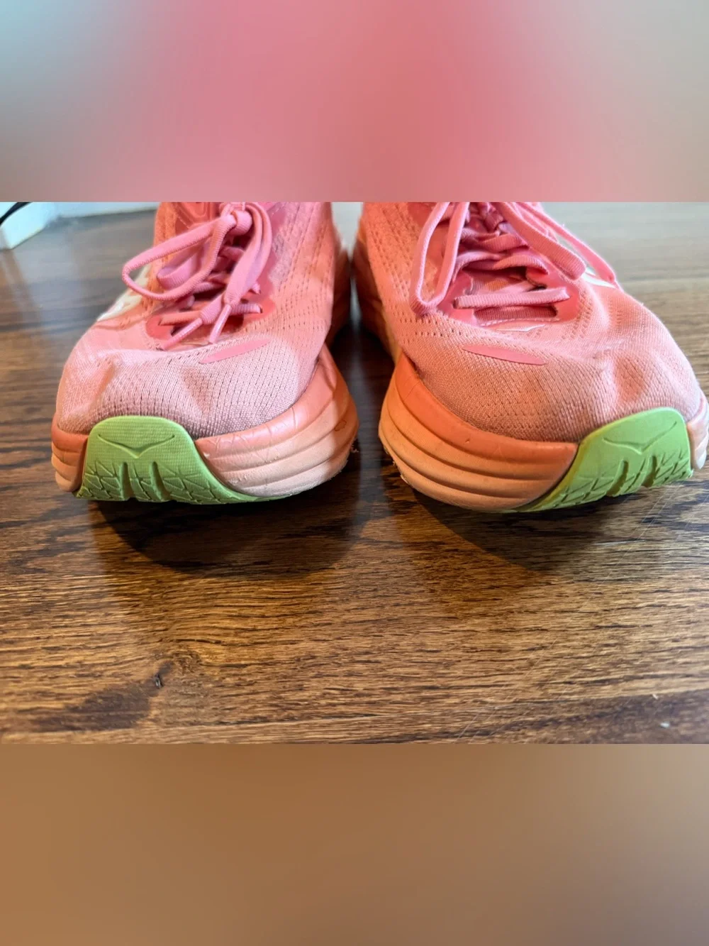 Hoka Women's Coral Pink Bondi 8 Athletic Running Shoes with Mint Accents 10B